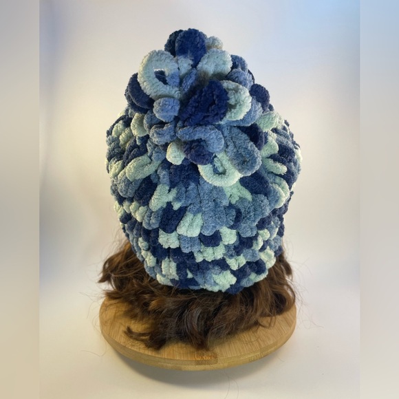 Handmade Women’s/Junior’s Winter Hat With Loopy Pom-Pom - Variegated Blue - Picture 6 of 9